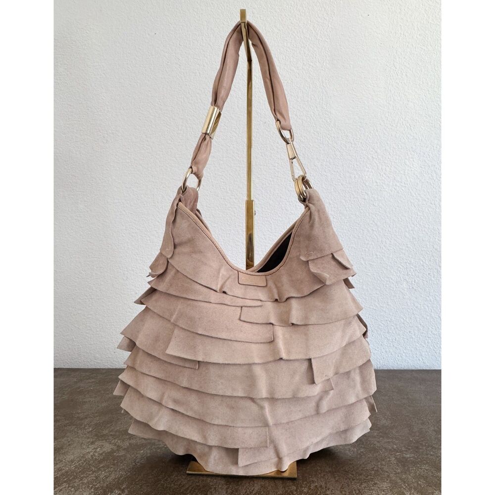 YSL Yves Saint Laurent St Tropez Blush-Taupe Suede Ruffle Hobo Bag